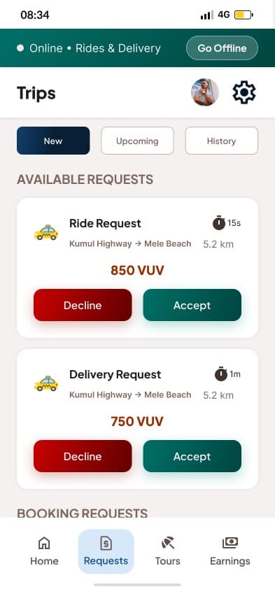 miRidem driver — trips and requests